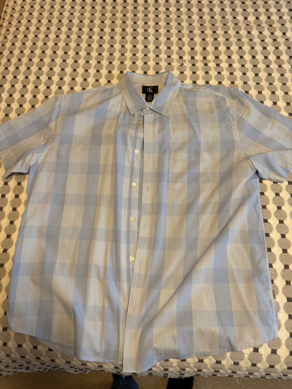 Calvin Klein Light Blue and White Plaid Short-Sleeve Button-Down Shirt